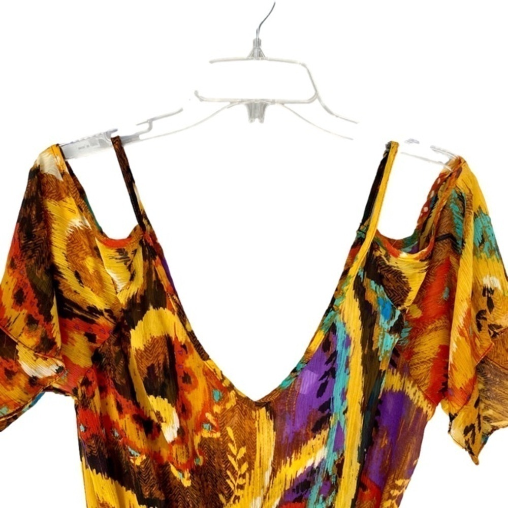 COCO BIANCO Top Cut Out Cold Shoulder Elastic Waist Golds Browns Blues Women L - Picture 2 of 7